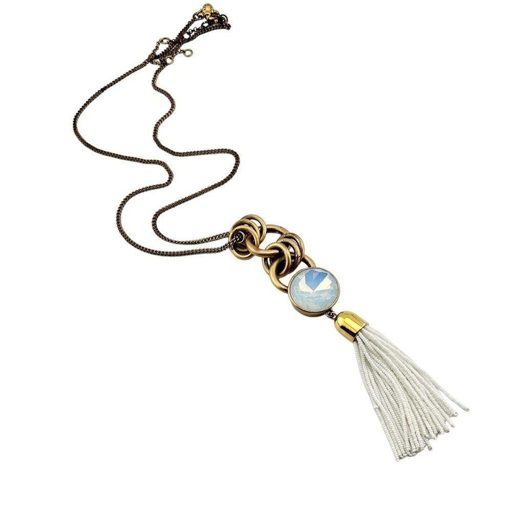 J Crew Necklace, Long Gold Tone and White Tassel Pendant with Iridescent Stone - Picture 3 of 8
